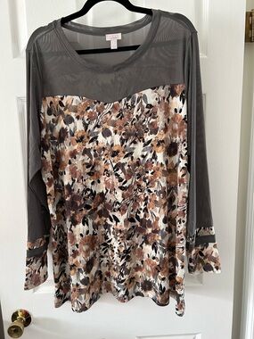 LOGO Floral Mesh-Trim Long Sleeve Top - Gray/Brown